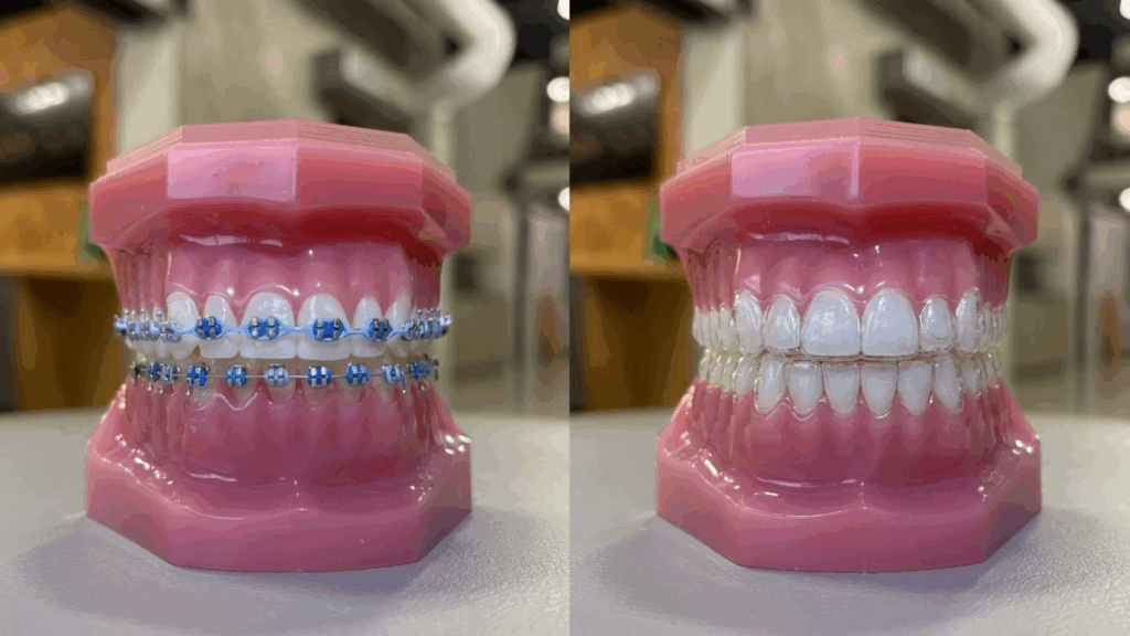Side-by-side dental model comparison of traditional metal braces and clear aligners at Ernstberger Orthodontics